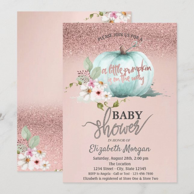 Invitación Rosa Purpurina de oro Bokeh, Baby Shower de calaba (Anverso / Reverso)