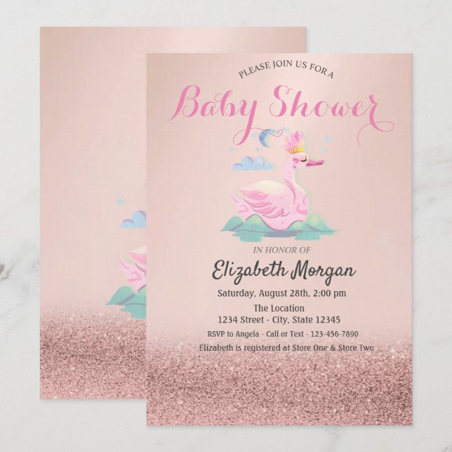 Invitación Rosa Purpurina de oro Bokeh, Baby Swan Baby Shower (Anverso / Reverso)