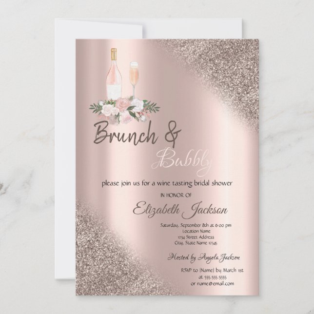 Invitación Rosa Purpurina de oro Bokeh Brunch & Bubbly (Anverso)