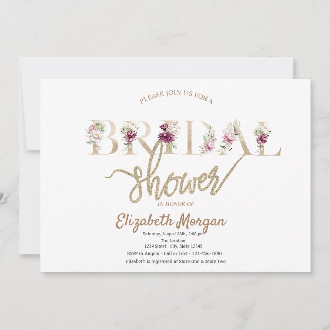 Invitación Rosa Purpurina de oro Bokeh Floral Bridal Shower (Anverso)
