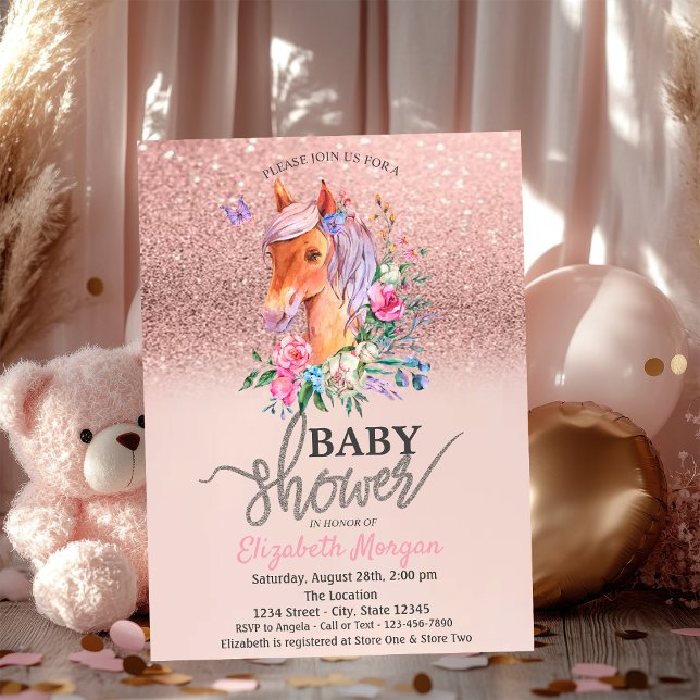 Invitación Rosa Purpurina de oro Bokeh Floral Pony Baby Showe (Subido por el creador)
