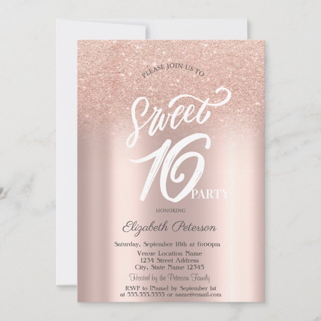 Invitación Rosa Purpurina de oro Bokeh Ombre Sweet 16 (Anverso)