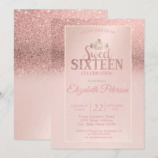 Invitación Rosa Purpurina de oro Bokeh Ombre, Tiara Sweet 16  (Anverso / Reverso)