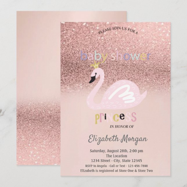 Invitación Rosa Purpurina de oro Bokeh, Swan Baby Shower (Anverso / Reverso)
