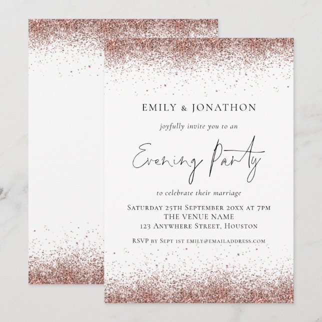 Invitación Rosa Purpurina de oro Bordes Boda por la noche (Anverso / Reverso)