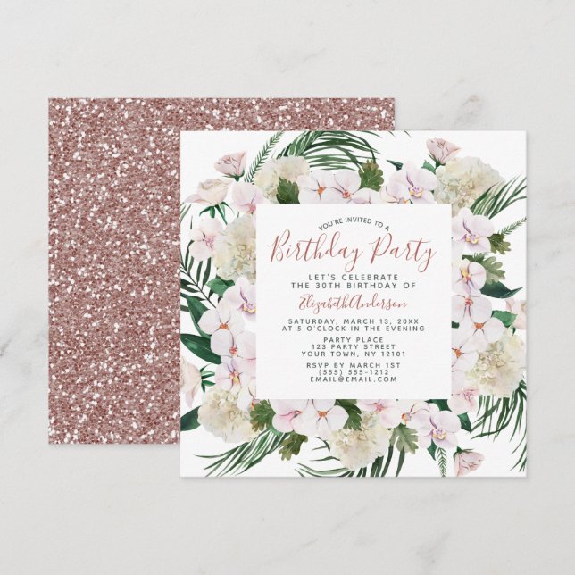 Invitación Rosa Purpurina de Oro Bouquet (Anverso / Reverso)