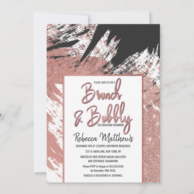 Invitación Rosa Purpurina de oro brunch negro brunch (Anverso)