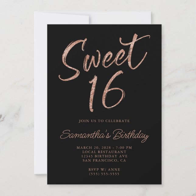 Invitación Rosa Purpurina de oro Brush Script Sweet 16 Negro (Anverso)