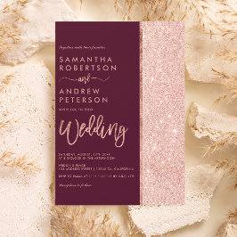 Invitación Rosa purpurina de oro burgundy boda de bloques de