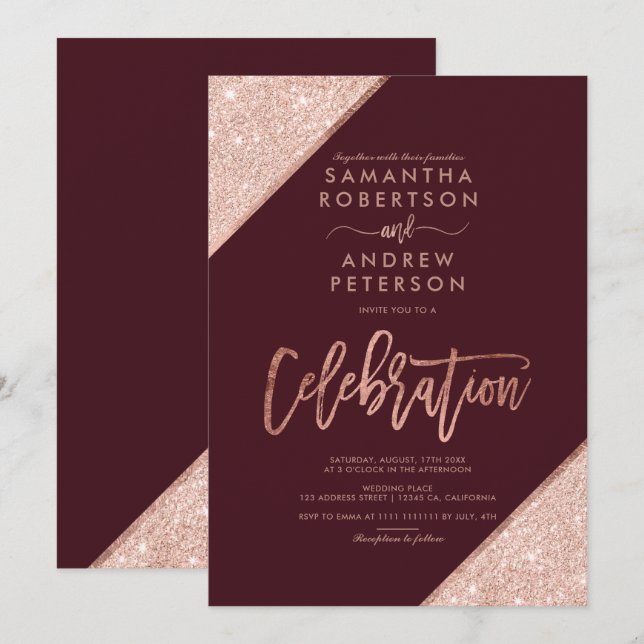 Invitación Rosa purpurina de oro burgundy boda de celebración (Anverso / Reverso)