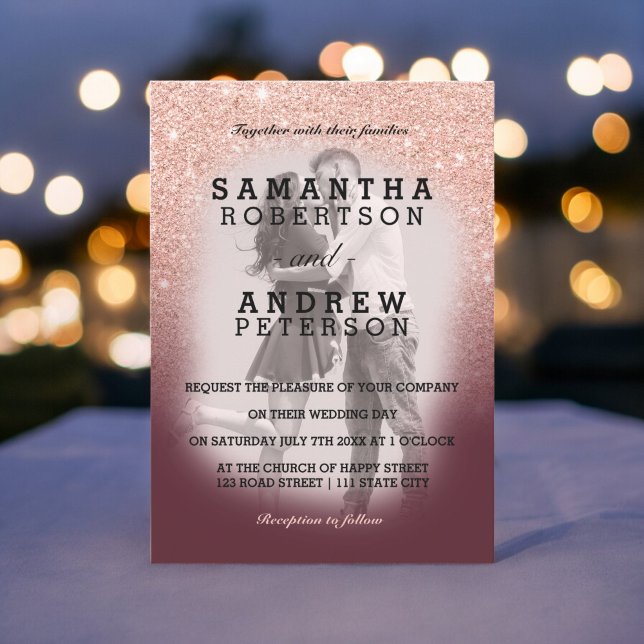 Invitación Rosa purpurina de oro burgundy boda de fotografía  (Rose gold glitter burgundy ombre photo wedding invitation)