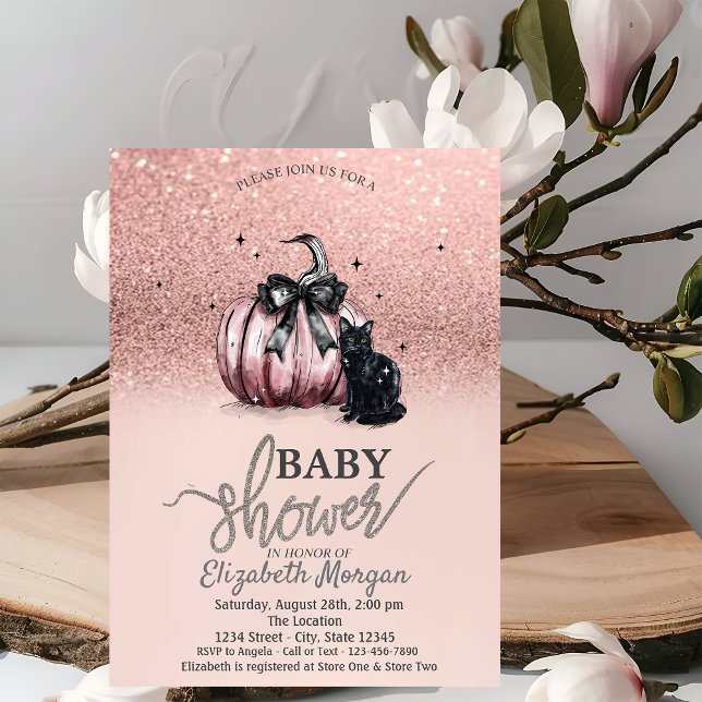 Invitación Rosa Purpurina de oro Calabaza Negro Cat Baby Show (Subido por el creador)