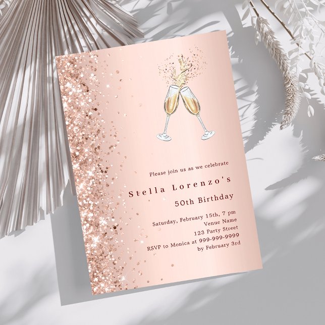 Invitación Rosa purpurina de oro celebra el cumpleaños (Subido por el creador)