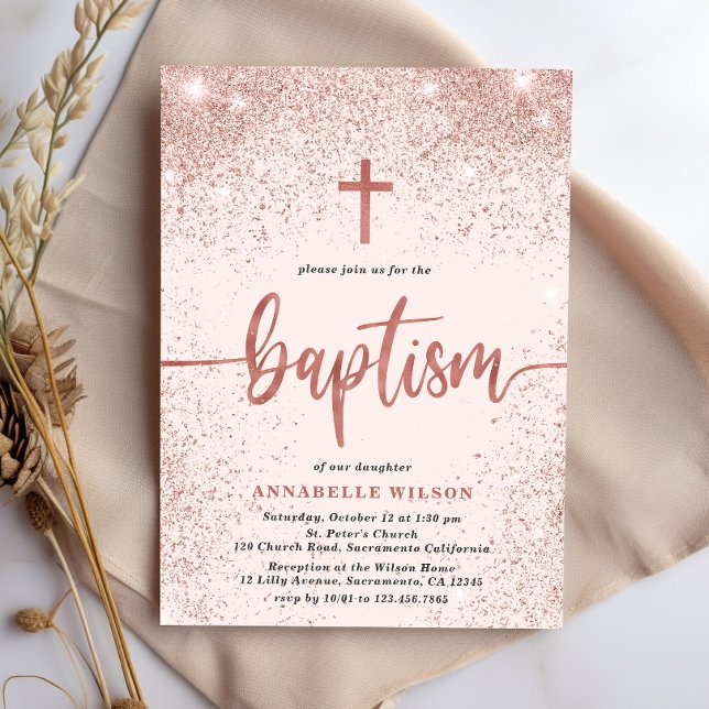 Invitación Rosa Purpurina de oro Chica Bautismo Foto (Subido por el creador)