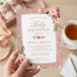 Invitación Rosa Purpurina de oro Chica floral rosa Baby Showe