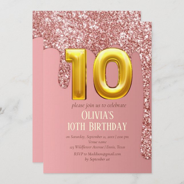 Invitación Rosa Purpurina de Oro Chica Rosa Girly 10° cumplea (Anverso / Reverso)