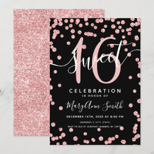 Invitación Rosa Purpurina de Oro Confetti 16º cumpleaños Negr