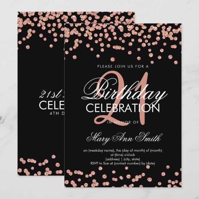 Invitación Rosa Purpurina de oro Confetti 21 cumpleaños negro (Anverso / Reverso)