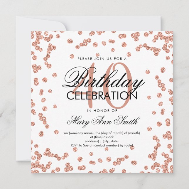 Invitación Rosa Purpurina de oro Confetti 40 cumpleaños blanc (Anverso)