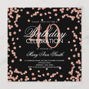 Invitación Rosa Purpurina de oro Confetti 40 cumpleaños negro