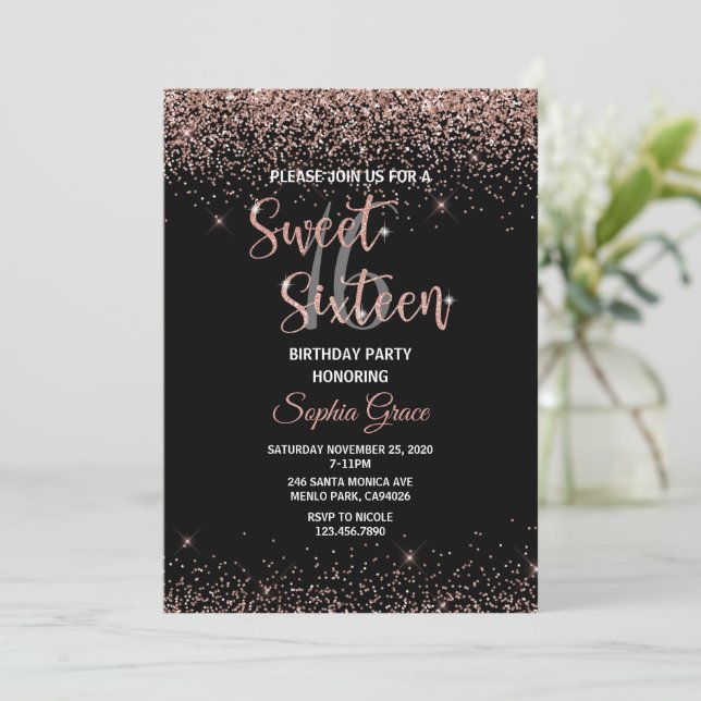Invitación Rosa purpurina de oro Confetti black Sweet 16 Cump (Anverso de pie)