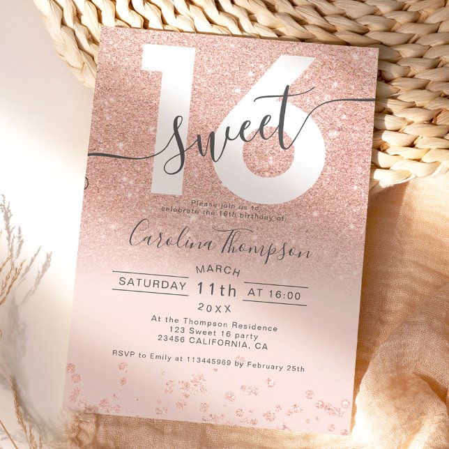 Invitación Rosa purpurina de oro confetti blush Sweet 16 foto (Subido por el creador)