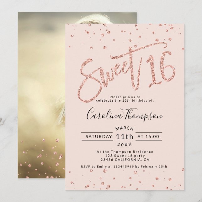 Invitación Rosa purpurina de oro confetti blush Sweet 16 foto (Anverso / Reverso)