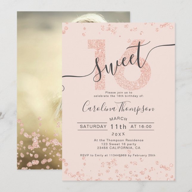 Invitación Rosa purpurina de oro confetti blush Sweet 16 foto (Anverso / Reverso)