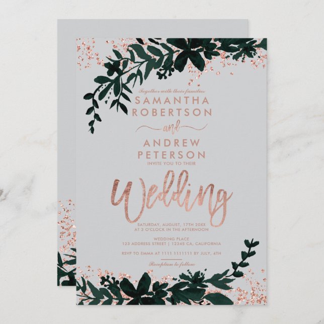 Invitación Rosa purpurina de oro confetti boda gris floral (Anverso / Reverso)