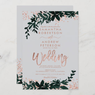 Invitación Rosa purpurina de oro confetti boda gris floral