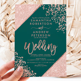 Invitación Rosa purpurina de oro confetti boda verde esmerald