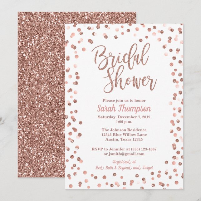 Invitación Rosa Purpurina de oro Confetti Bridal Shower (Anverso / Reverso)