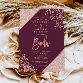 Invitación Rosa purpurina de oro confetti burgundy boda