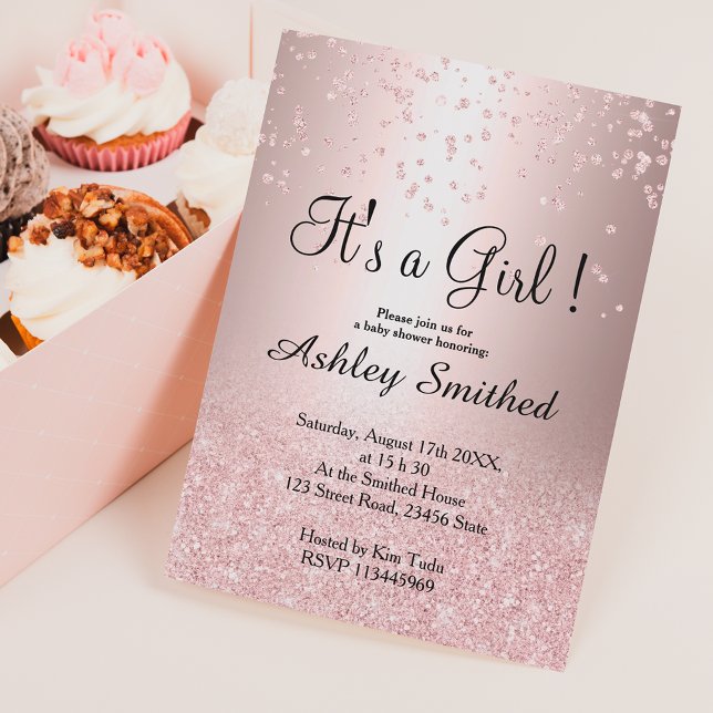 Invitación Rosa purpurina de oro confetti chica lúgubre (Subido por el creador)