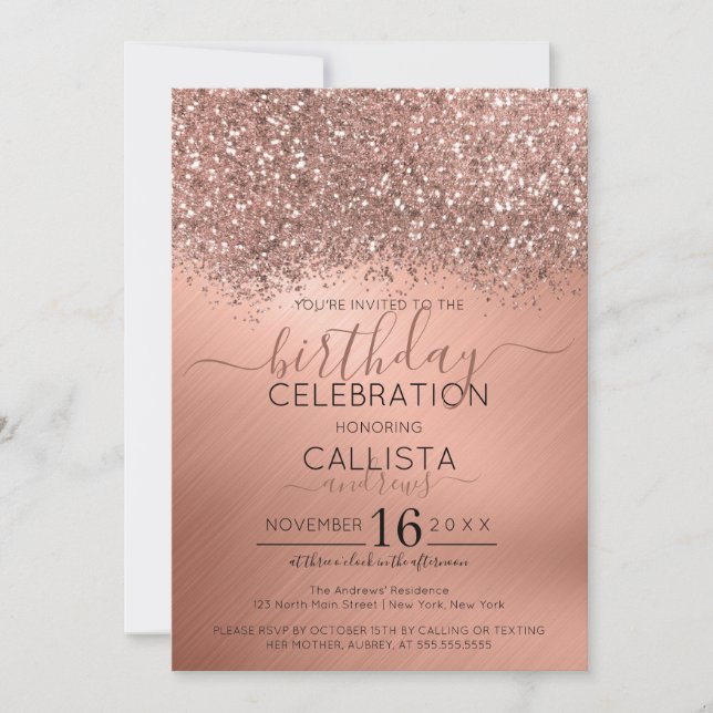 Invitación Rosa Purpurina de oro Confetti Cumpleaños metálico (Anverso)