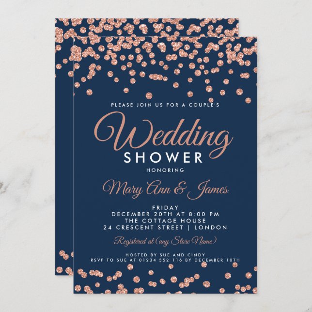 Invitación Rosa Purpurina de oro Confetti ducha de pareja de  (Anverso / Reverso)