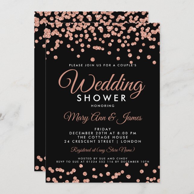 Invitación Rosa Purpurina de oro Confetti ducha de pareja neg (Anverso / Reverso)