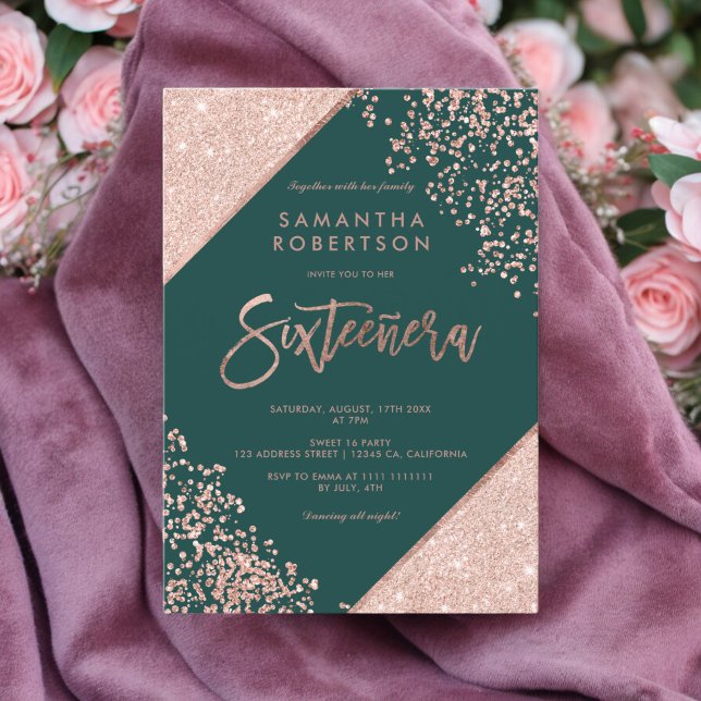Invitación Rosa purpurina de oro confetti esmeralda verde dul (Rose gold glitter confetti emerald green Sweet 16 Invitation)