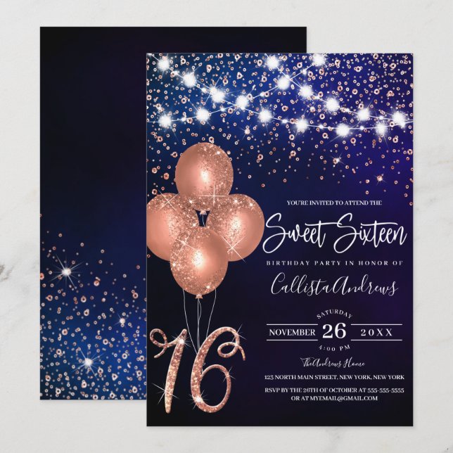 Invitación Rosa Purpurina de oro Confetti Globos Dulce ligero (Anverso / Reverso)