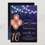 Invitación Rosa Purpurina de oro Confetti Globos Dulce ligero<br><div class="desc">Esta glamorosa y glamurosa invitación dulce de dieciséis años de fiesta es perfecta para la muchacha. Cuenta con hilos brillantes de luz colgante encima de falsos rosas impresos de confeti purpurina brillante de oro, globos y, "16" sobre un fondo abstracto azul marino oscuro. Es bonito, moda, moderna, moderna y fresca;...</div>