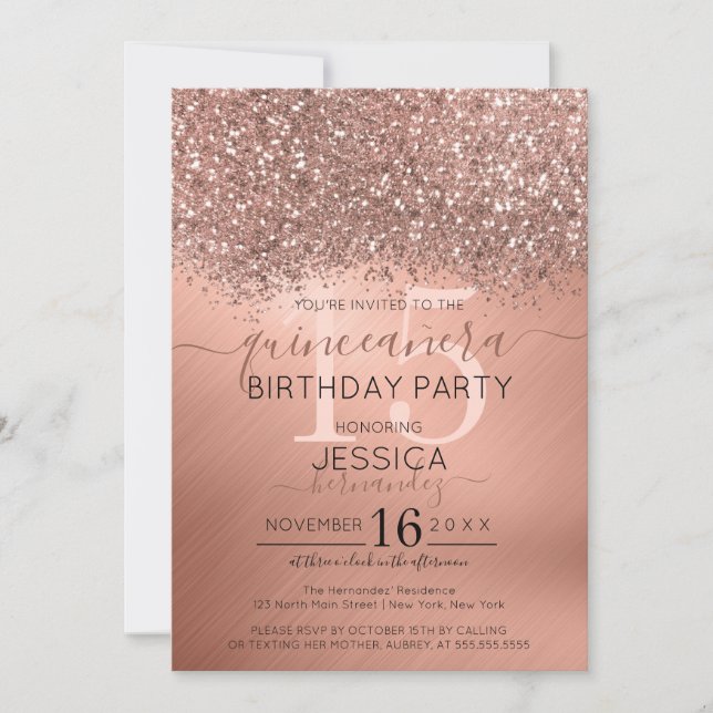 Invitación Rosa Purpurina de oro Confetti Metálico Quinceañer (Anverso)