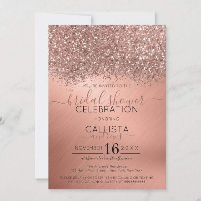 Invitación Rosa Purpurina de oro Confetti Metallic Bridal Sho (Anverso)