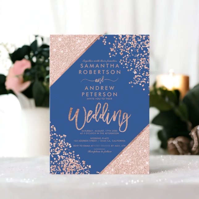 Invitación Rosa purpurina de oro confetti moda boda azul (Rose gold glitter confetti chic blue wedding invitation)