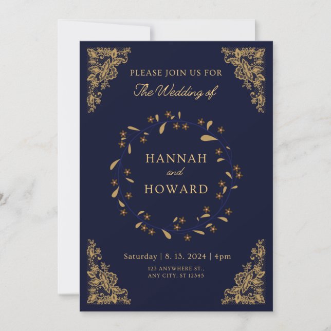 Invitación  Rosa purpurina de oro confetti moda boda azul mar (Anverso)