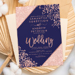 Invitación Rosa purpurina de oro confetti moda boda azul mari<br><div class="desc">Rosa purpurina de oro confetti y tipografía de bloques de color sobre personalizable azul marino y rosa boda de rayas geométricas moda ,  perfecto para boda elegante y lujoso, </div>