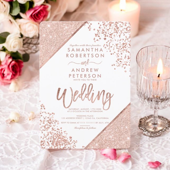 Invitación Rosa purpurina de oro confetti moda boda blanco (Rose gold glitter confetti chic white wedding invitation)