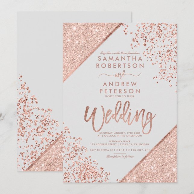 Invitación Rosa purpurina de oro confetti moda boda gris (Anverso / Reverso)