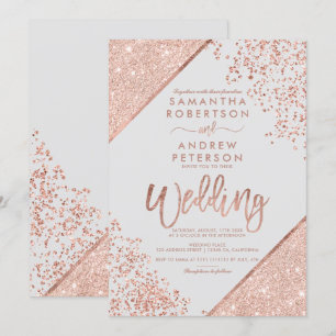 Invitación Rosa purpurina de oro confetti moda boda gris