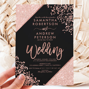 Invitación Rosa purpurina de oro confetti moda boda negro