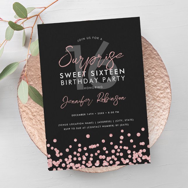 Invitación Rosa Purpurina de oro Confetti Surprise Sweet 16 (Rose Gold Glitter Confetti Surprise Sweet 16 Invitation)